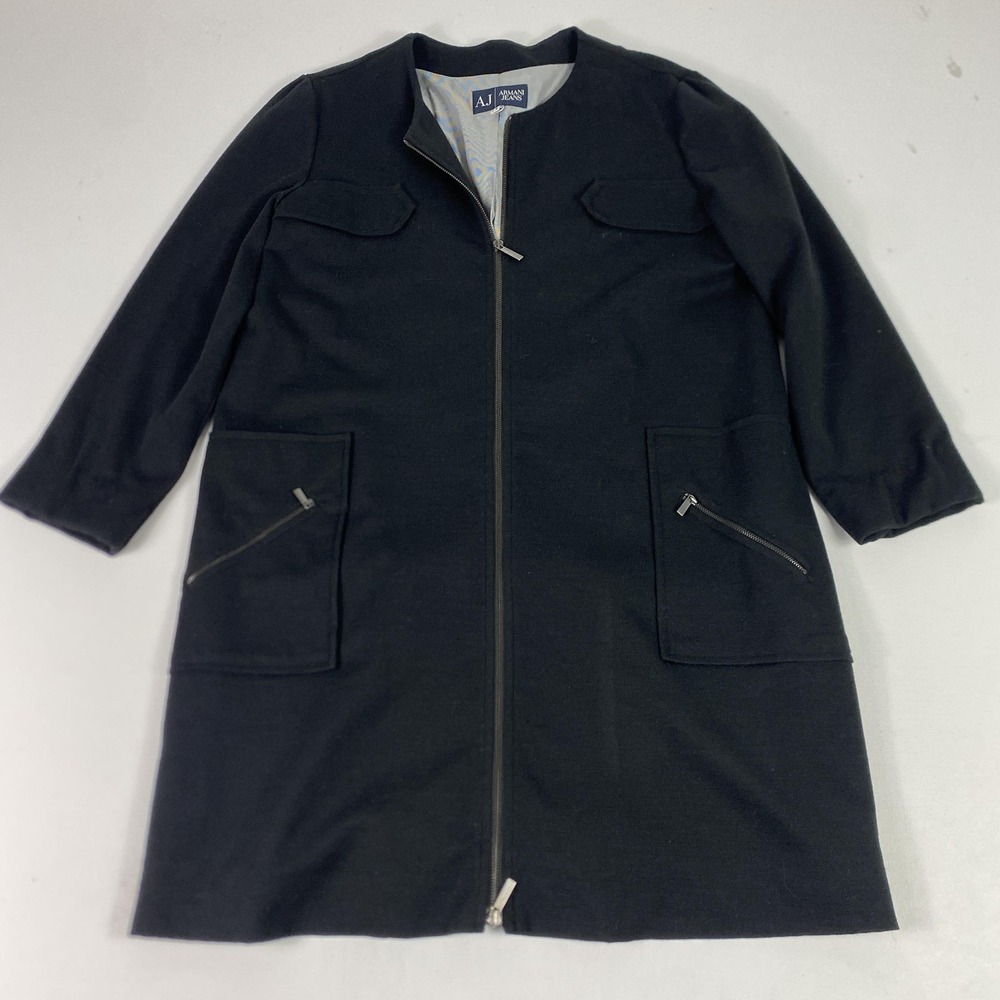 Armani Jeans Coat Womens 3XL‎ Black Wool Mid-Length Overcoat Full Zip Lined